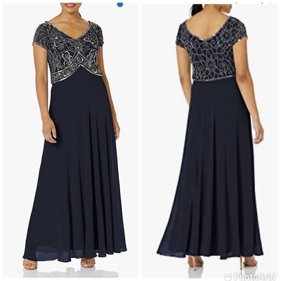 NWT J Kara V-Neck Beaded Cap Sleeve V Neck Maxi Evening Sheath beaded grey Dress - Picture 1 of 8